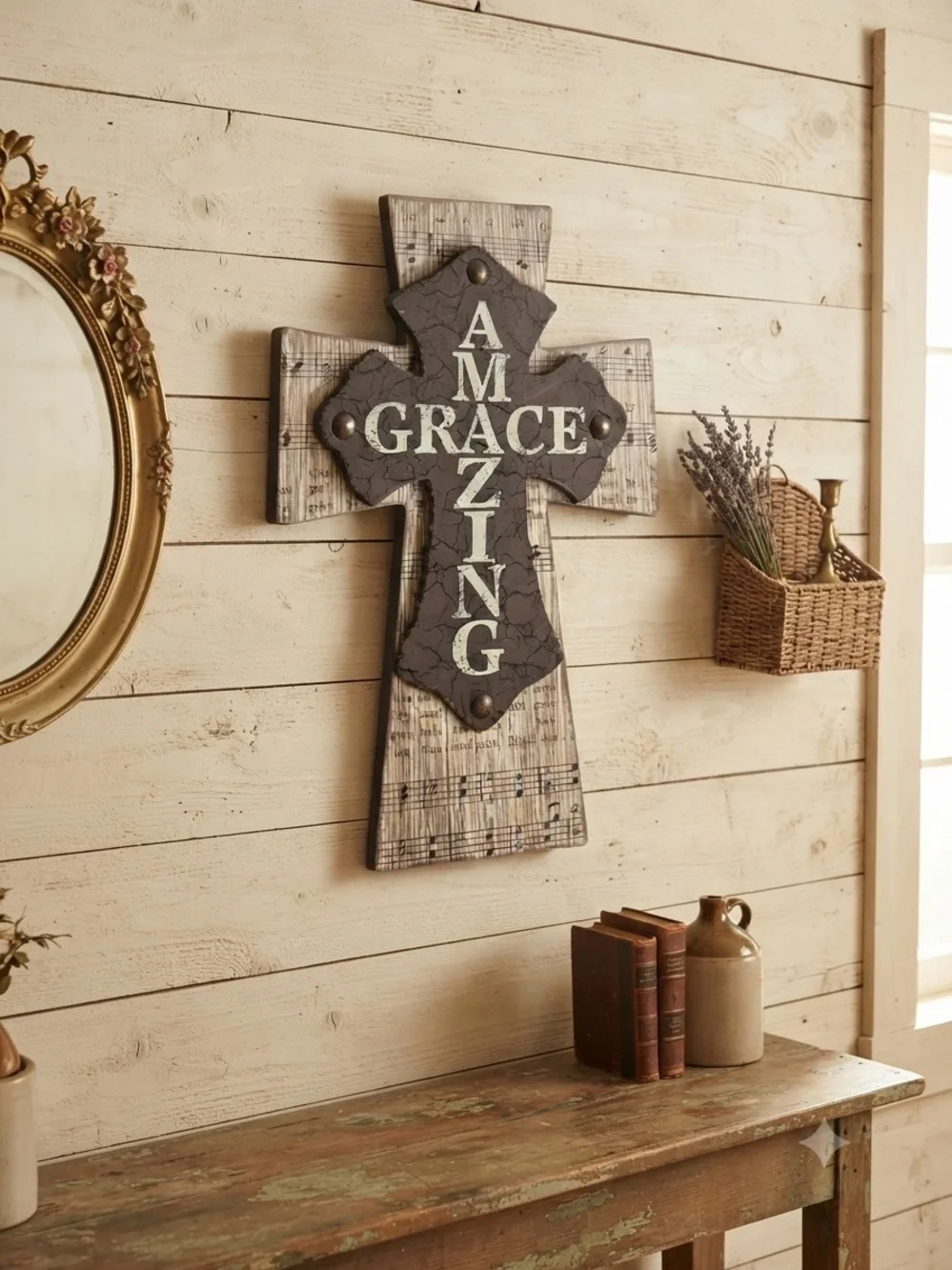 Amazing Grace Decorative Wall Cross - Rustic Brown & Cream